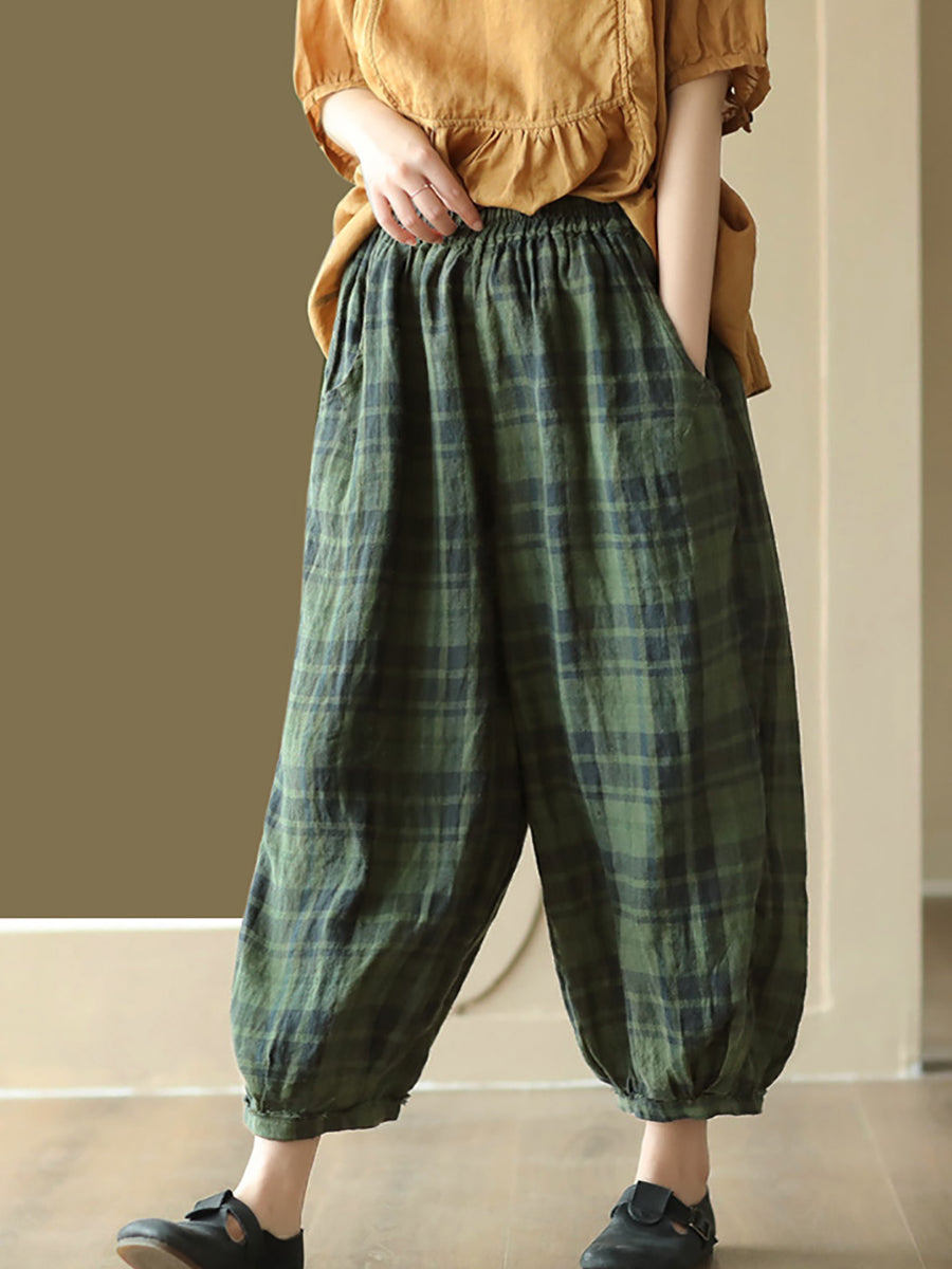 Women Summer Vintage Pocket Plaid Linen Harem Pants