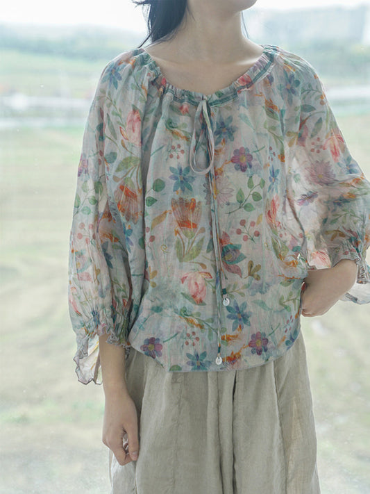 Chemise Ramie à manches bouffantes et cordon de serrage pour femmes, imprimé Floral Artsy