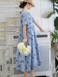 Women Summer Flower Drawstring Pocket Loose Spliced Dress