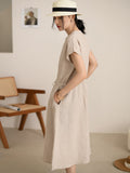 Women Casual Solid Drawstring Button Soft Linen Dress