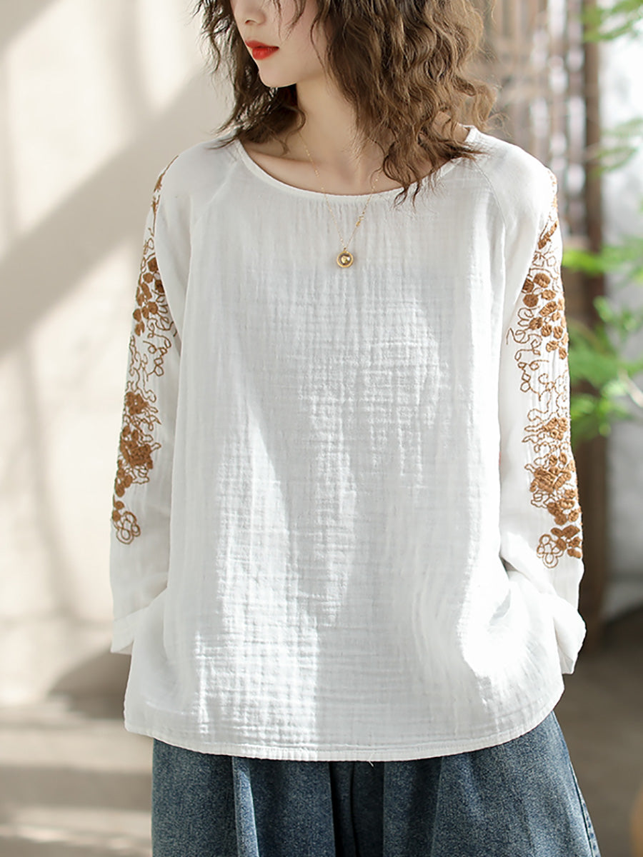 Women Vintage Spring Cotton Flower Embroidery Shirt