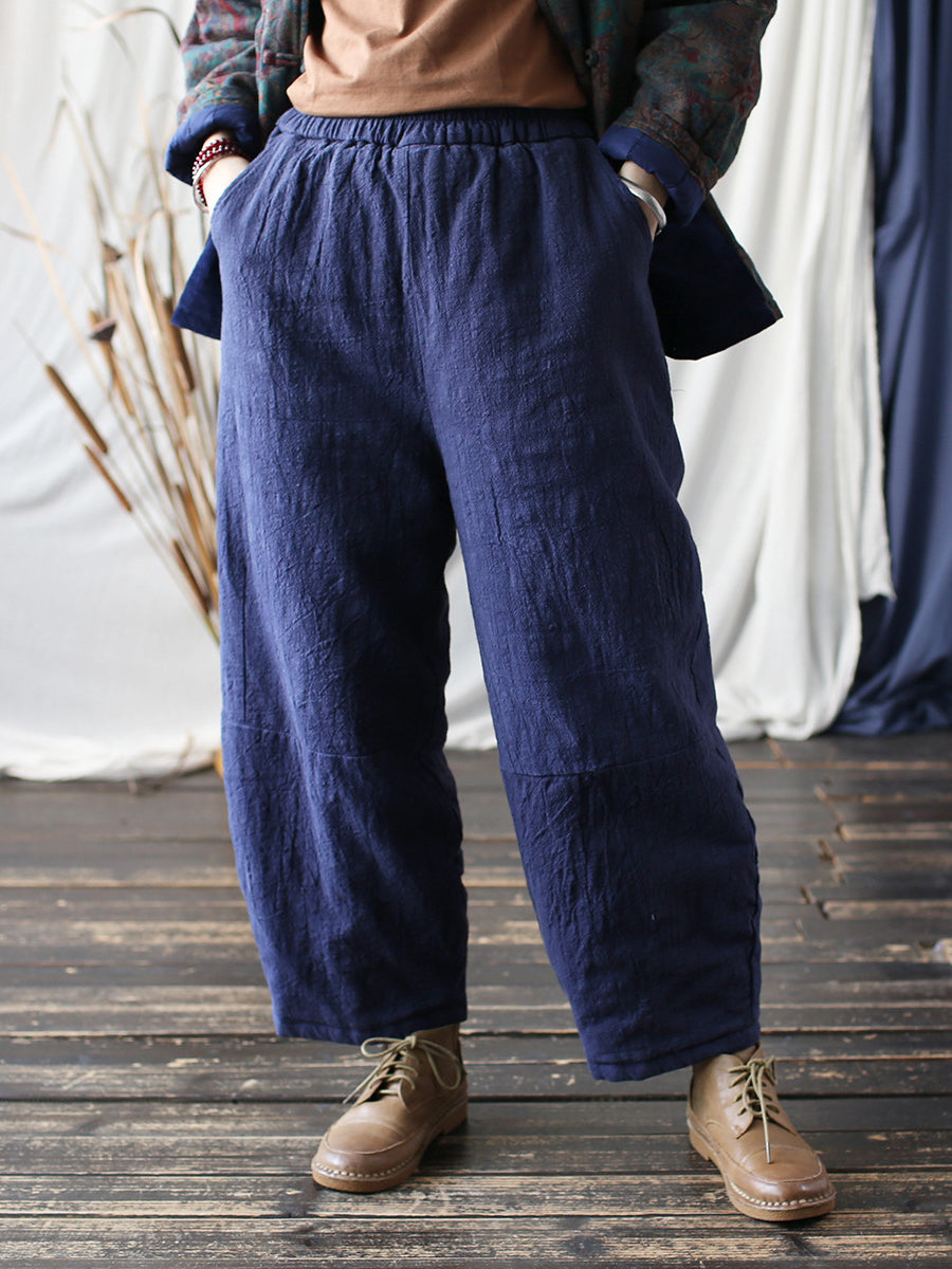 Women Vintage Winter Solid Ramie Padded Harem Pants