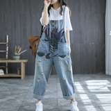 Printed Loose Thin Denim Overalls