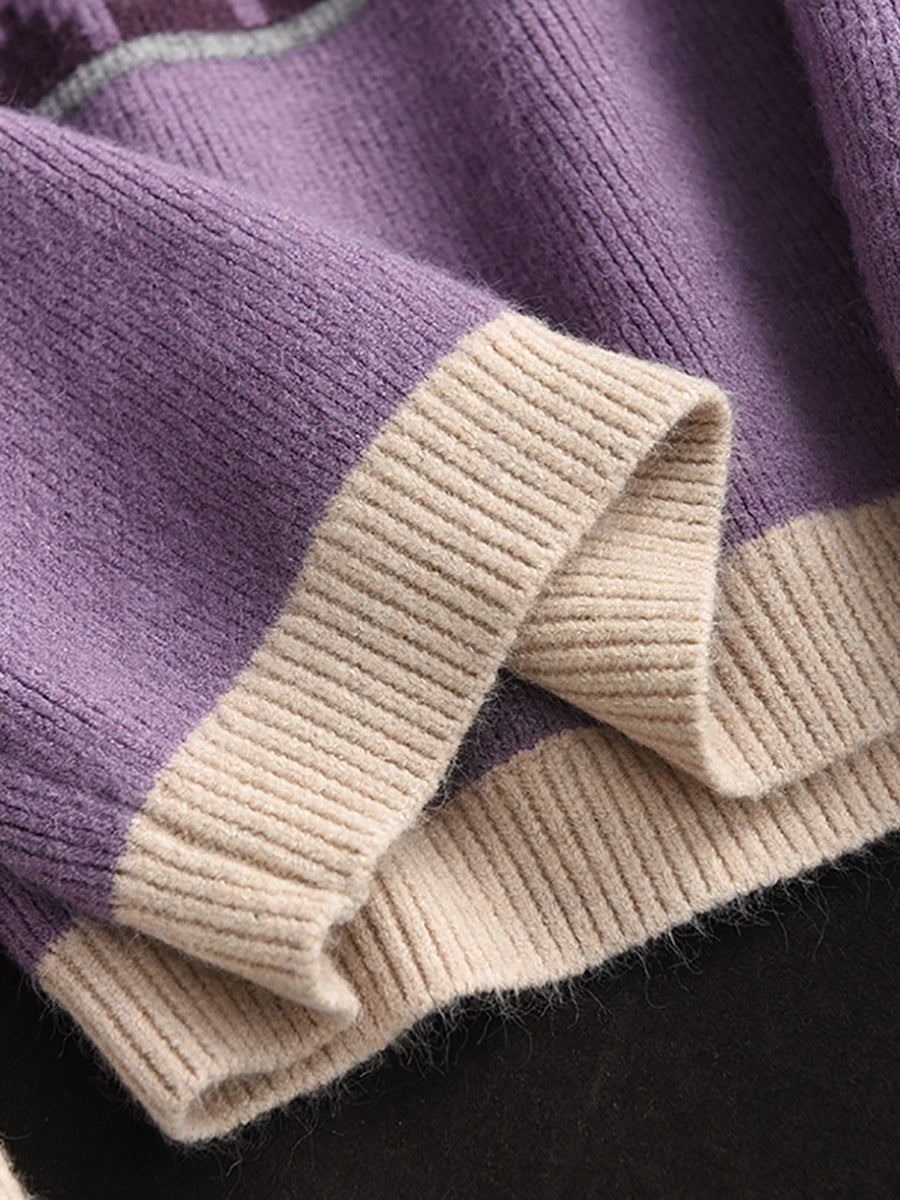 Women Vintage Rhomboids Knitted Half-Turtleneck Sweater