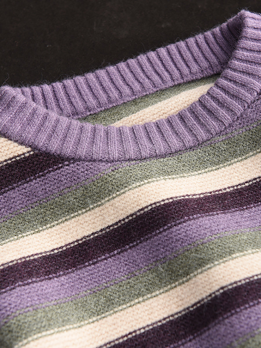 Women Vintage Artsy Stripe Knitted O-Neck Sweater