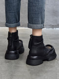 Women Retro Pure Leather Square-Toe Platform Boots