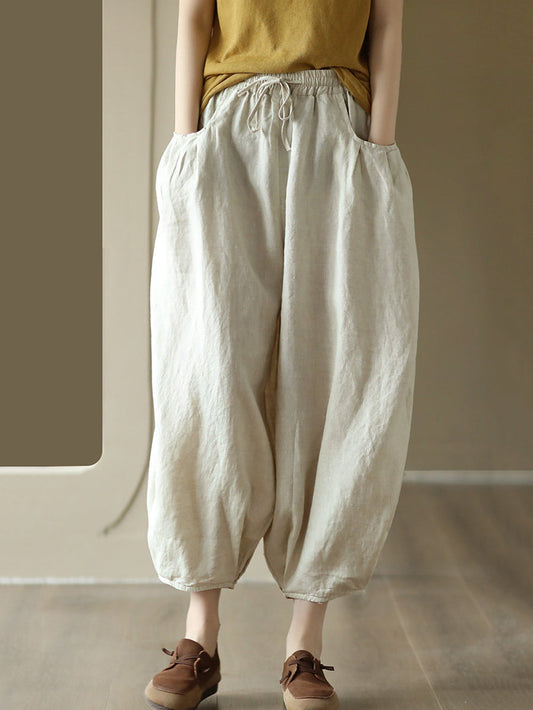 Pantalon ample uni avec poches rétro pour femmes, cordon de serrage, printemps