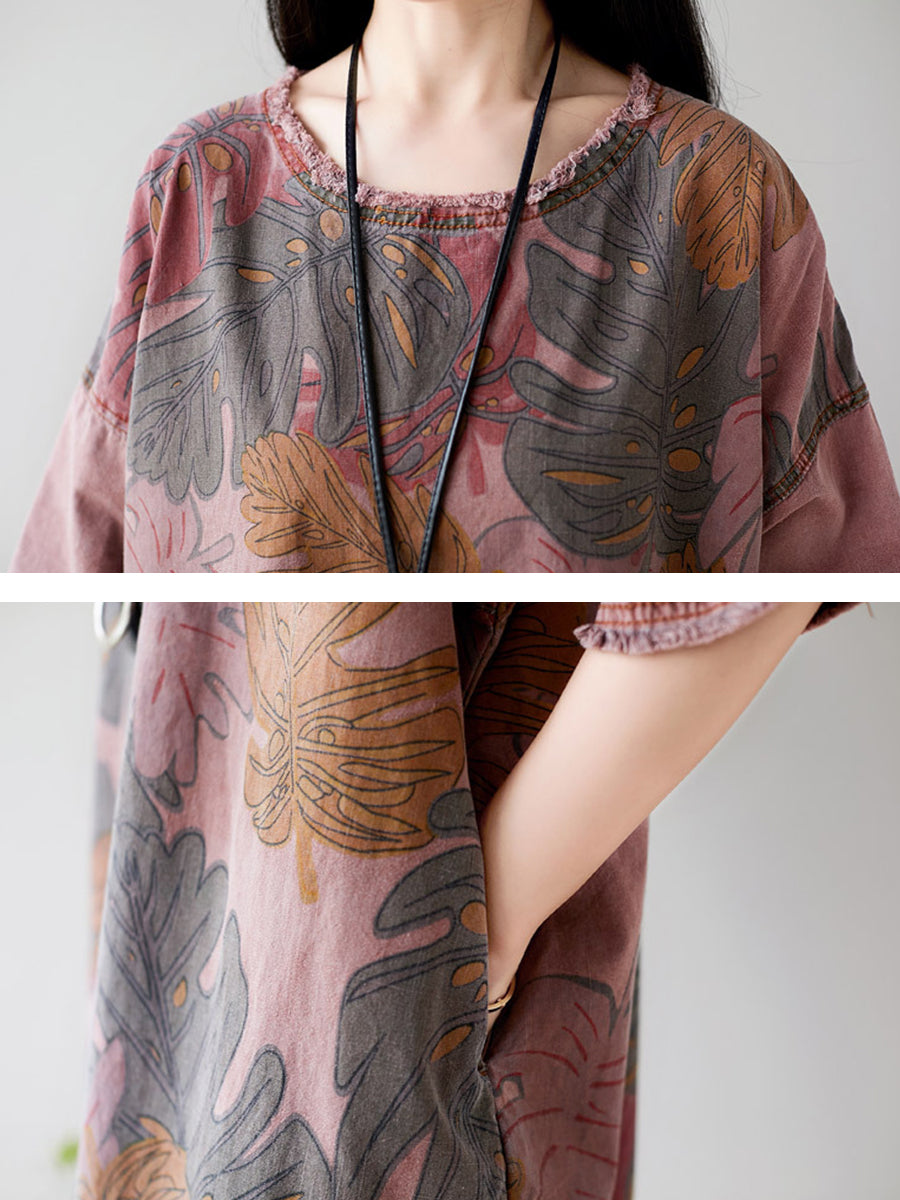 Robe d'été ample en coton à bords bruts pour femmes, feuilles Artsy