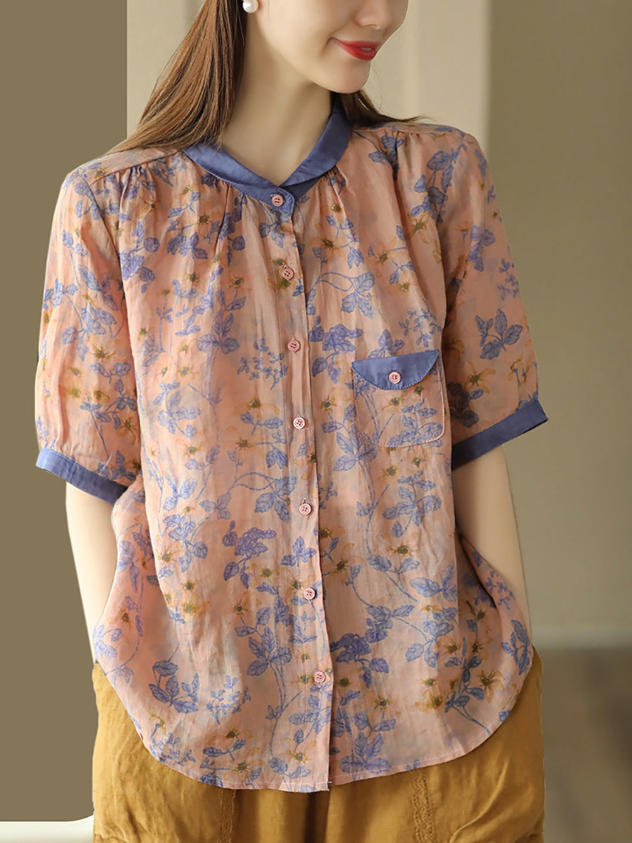 Women Artsy Summer Floral Spliced Cardigan Ramie Shirt
