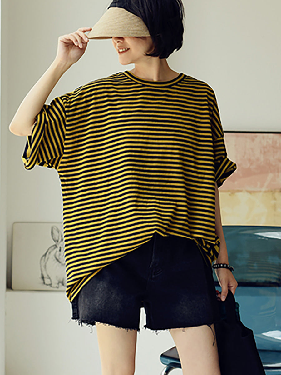 Women Summer Casual Stripe Loose O-neck Shirt