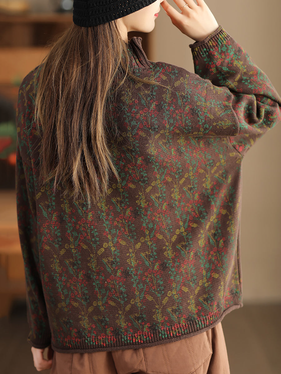 Pull tricoté à col roulé floral vintage pour femme