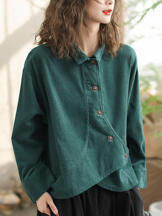 Women Vintage Spring Slant-Closure Solid Shirt