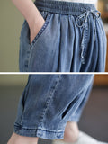 Women Summer Worn Solid Pleat Loose Pocket Denim Pants