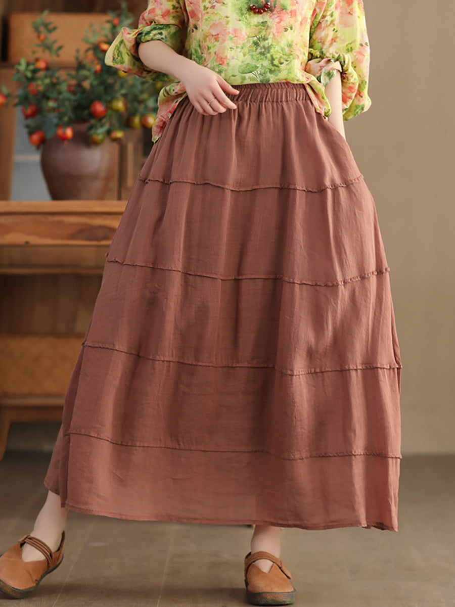 Women Spring Ramie Spliced Vintage Skirt