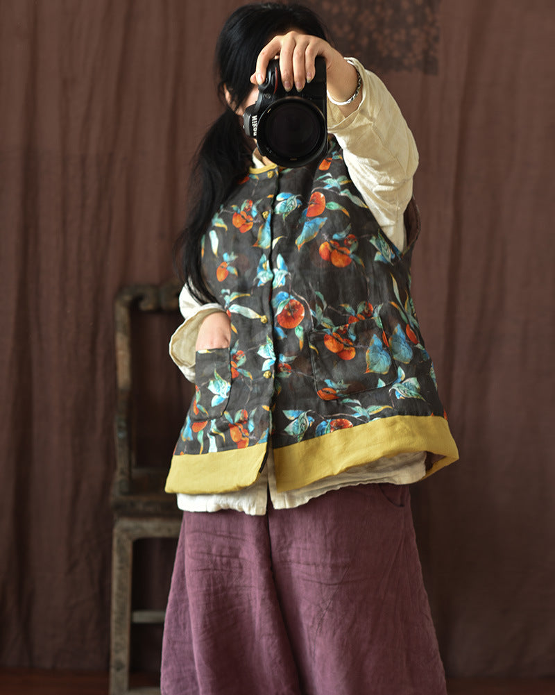 Women Ethnic Flower Print Spliced Warm Vest Coat