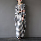 Striped Retro Literary Distressed Washed Loose Plus Size Dress