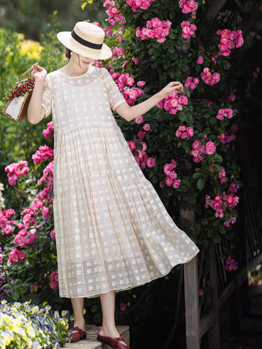 Women Summer Artsy Plaid Pleat Pullover Tencel Dress