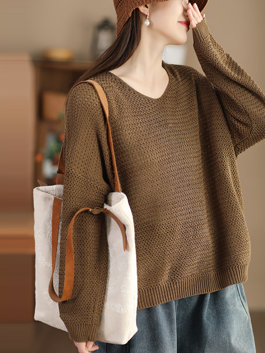 Women Spring Cotton Knitted V-neck Solid Casual Sweatshirt