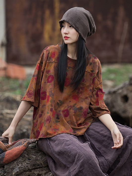 Chemise d'été rétro à ourlet avec poche florale pour femmes