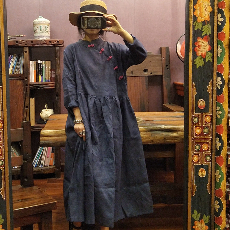 Robe en lin 100% couleur unie pour femmes, Style chinois grenouille