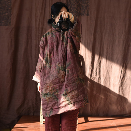 Manteau long rembourré en lin à fleurs ethniques pour femmes
