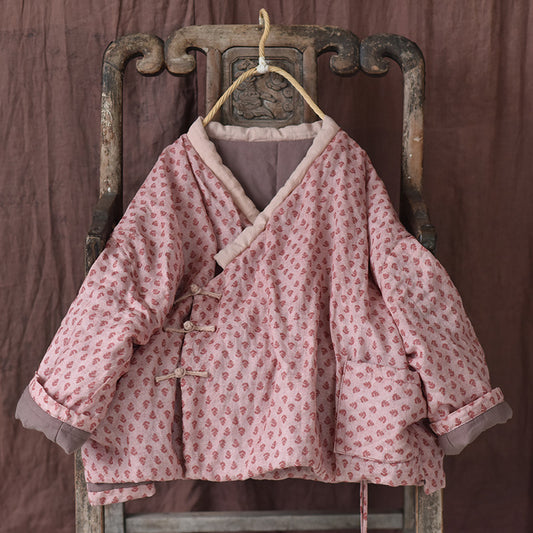 Manteau rembourré en lin rose à fleurs ethniques pour femmes