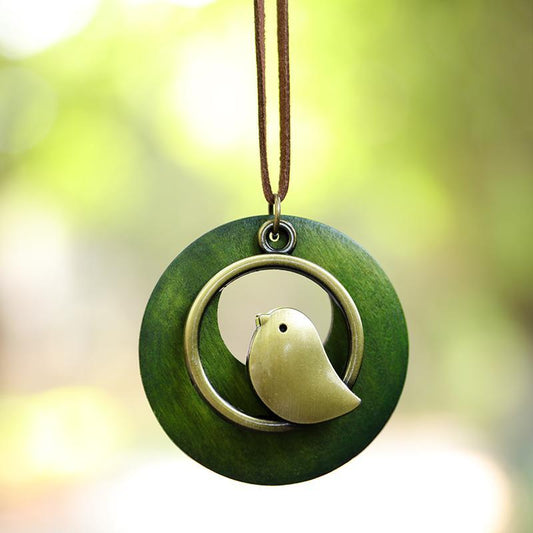 Cute Metal Bird Shape Round Wood Pendant Necklace