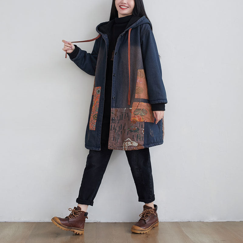 Women Vintage Spliced Denim Hooded Padded Coat