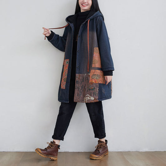 Women Vintage Spliced Denim Hooded Padded Coat