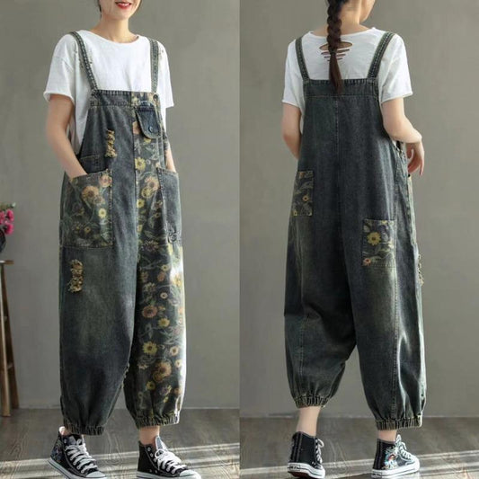 Retro Nostalgic Loose One-piece Printed Hole Denim Overalls