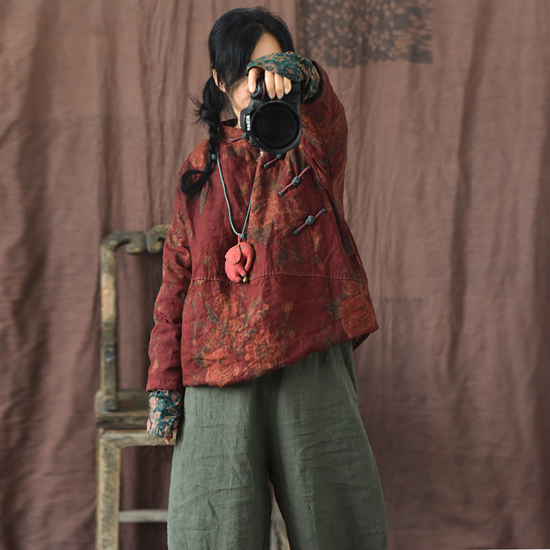 Women Ethnic Flower Spliced Linen Coat