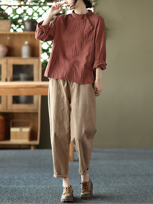 Chemise en coton à manches longues oblique vintage pour femme