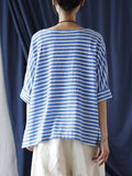Women Summer Casual Stripe Loose O-Neck Cotton Shirt