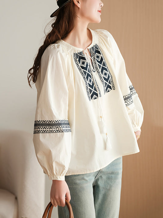 Women Ethnic Embroidery Spring Drawstring Shirt