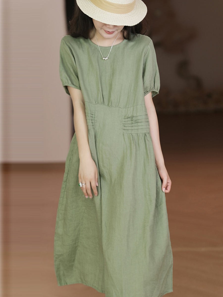 Women Summer Casual Solid Pleat Pocket Linen Loose Dress