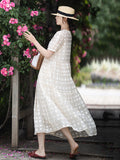 Women Summer Artsy Plaid Pleat Pullover Tencel Dress