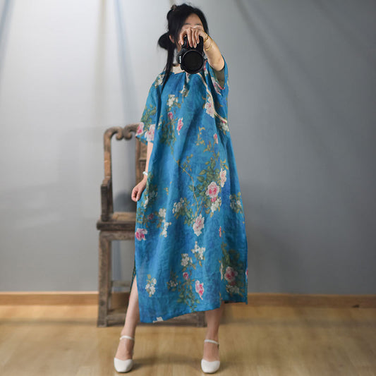 Women National Summer Flower Button Split-Hem Loose Dress