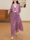Women Summer Artsy Embroidery Button Drawstring Pocket Suits