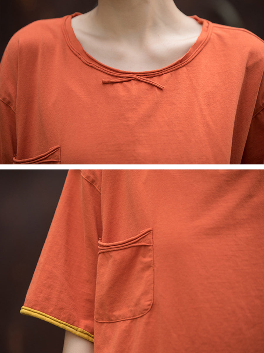 Women Summer Solid Spliced Pocket Hemming Shirt