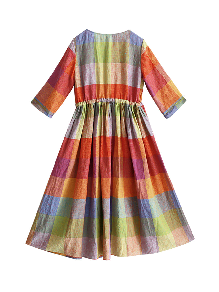 Women Vintage Summer Colorful Plaid Spliced Drawstring Dress