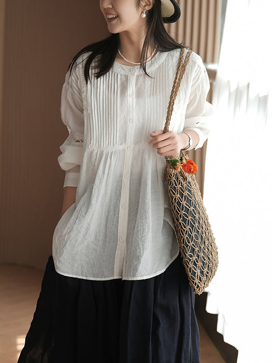 Women Vintage Shirred Lace Solid Shirt