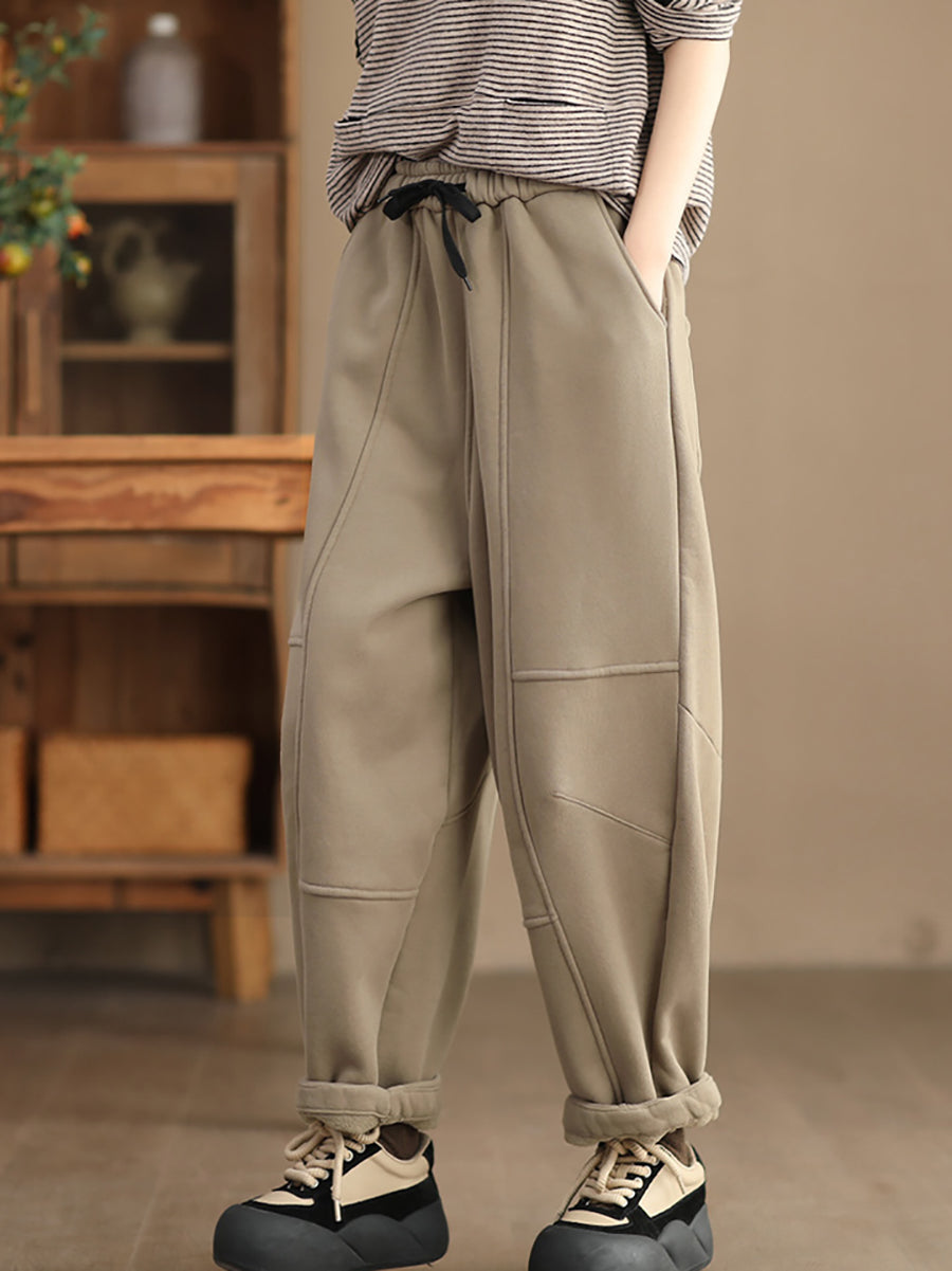 Women Casual Solid Spliced Cotton Padded Pants