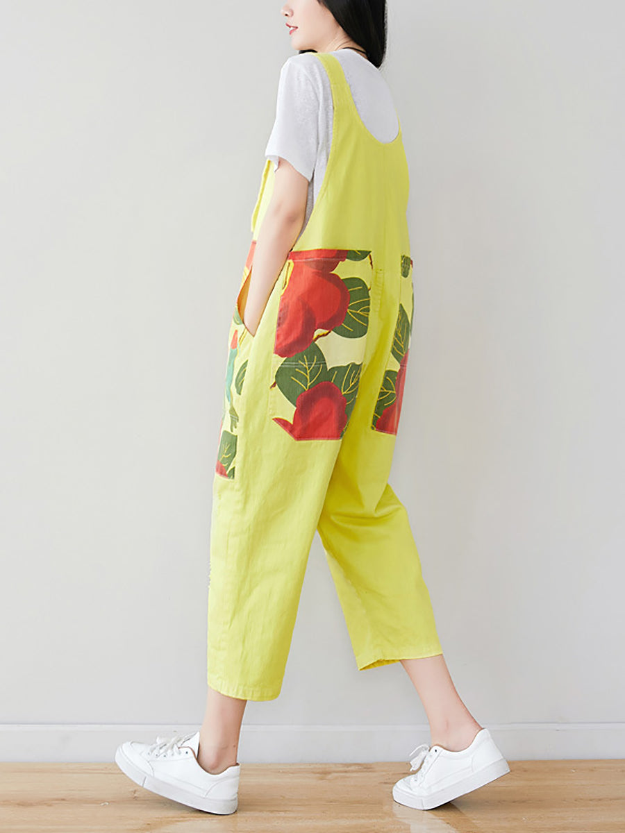 Women Summer Artsy Flower Patch Spliced Pocket Denim Jumpsuits