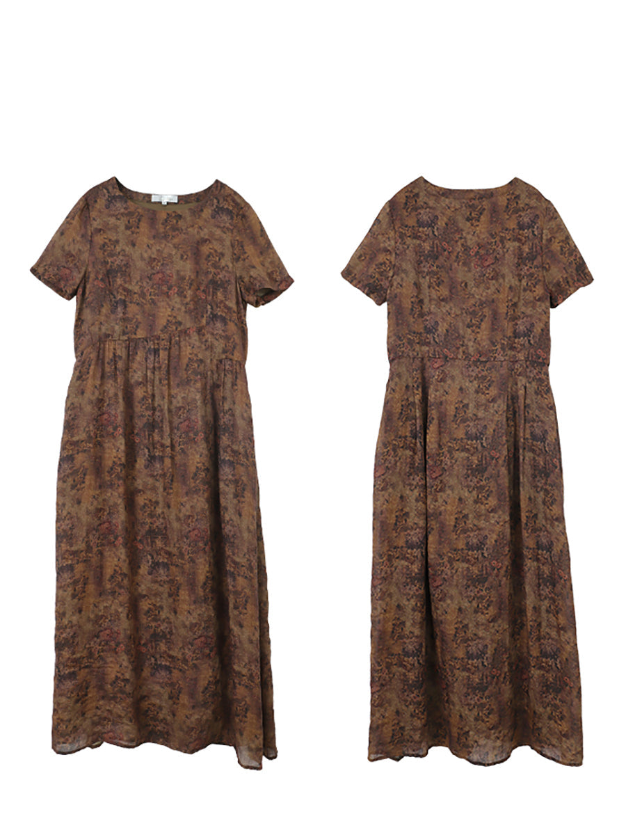 Women Vintage Flower Pleat Pullover Short Sleeve Dress