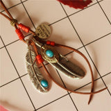 Feather Leaf Tassel Wood Bead Long Necklace