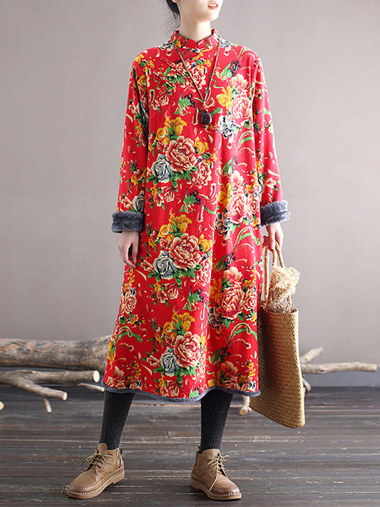 Winter Women National Vintage Floral Print Thick Dress