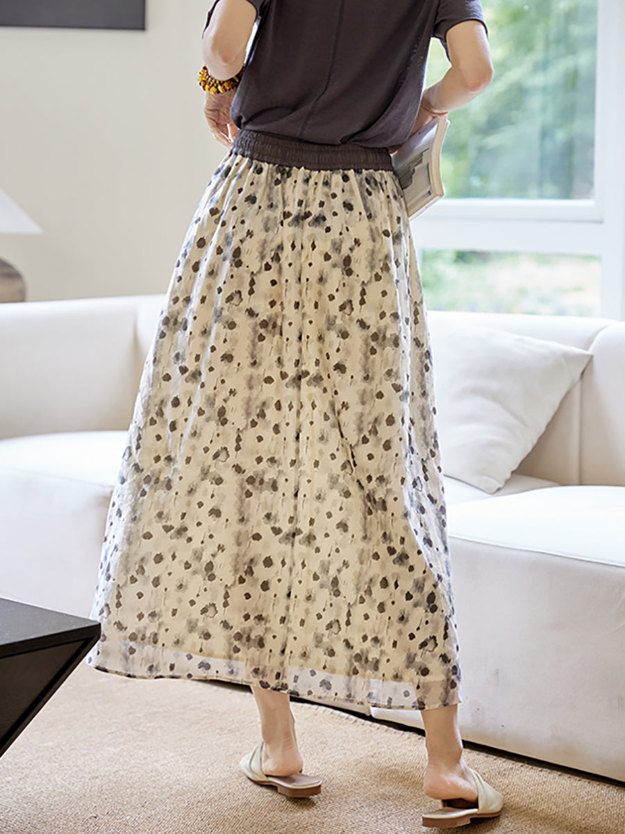 Women Summer Dot Spliced Pleat Drawstring Loose Skirt