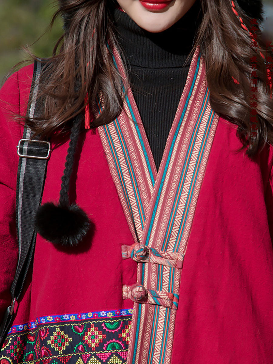 Manteau Long avec poches et broderie ethnique pour femme, hiver