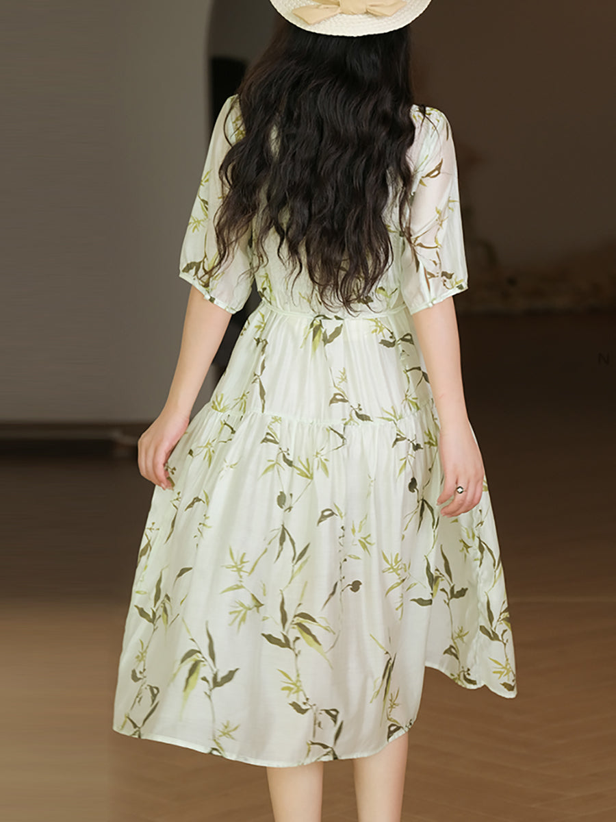 Women Summer Arts Leaf Print Drawstring Pleat Loose Dress