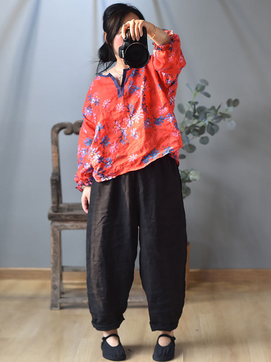 Women Ethnic Spring Flower Print V-Neck Ramie Shirt
